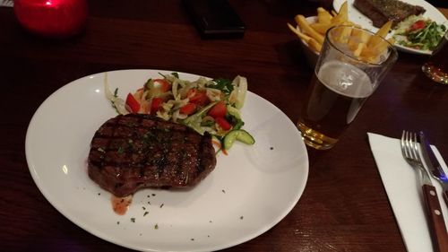 Close-up of food served on table