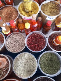 High angle view of various food for sale at market stall