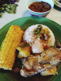 High angle view of food in plate