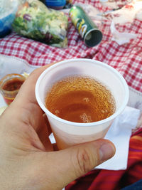 Cropped hand holding drink in plastic glass