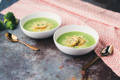 High angle view of soup in bowl on table