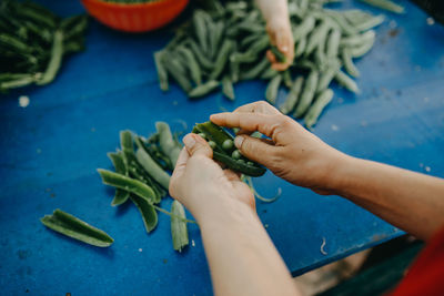 High angle view of woman preparing food