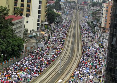 High angle view of people on street in city