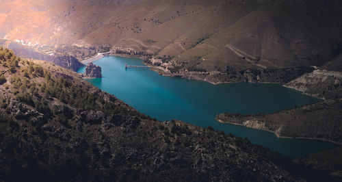 High angle view of sea and mountains