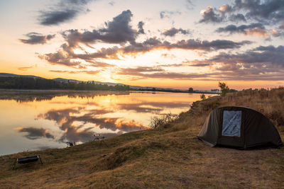 Fishing adventures, carp fishing in sunrise.