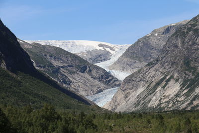 Scenic view of mountains against sky, glacier in norway