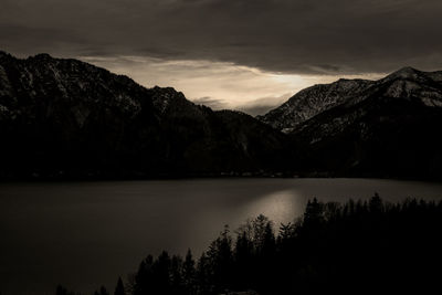 Scenic view of lake by mountains against sky