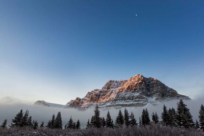 Snowcapped mountains against clear blue sky