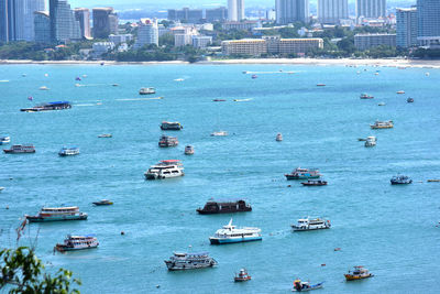 High angle view of boats in sea