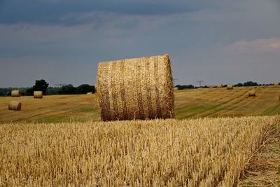 Hay bales on field at farm against sky