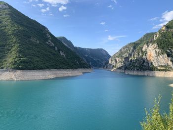 Scenic view of lake and mountains against sky