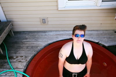 High angle view of woman in hot tub