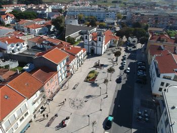 High angle view of houses in town