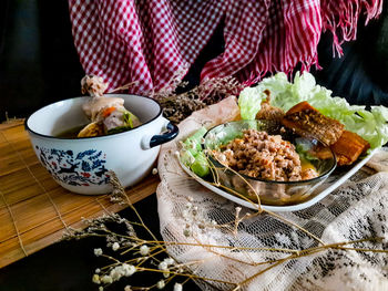 High angle view of meal served on table