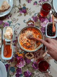 High angle view of food served on table