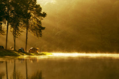 Pang oung lake in the morning with reflection of pine tree, pang oung, mae hong son, thailand.
