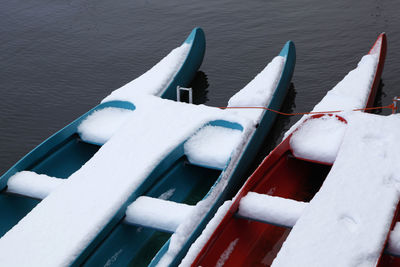 Close-up of snow covered boat in water