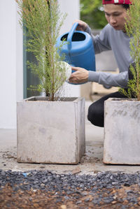 Young man holding flower pot on potted plant