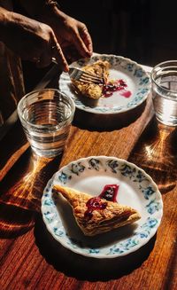 High angle view of breakfast served on table