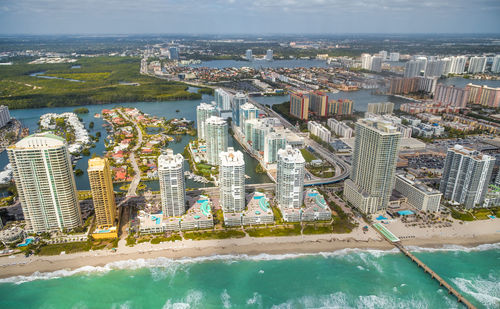 High angle view of city buildings