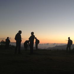 Woman standing on field at sunset