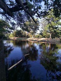 Scenic view of lake in forest against sky