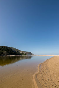 Scenic view of beach against clear blue sky