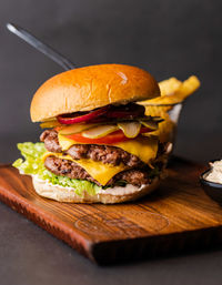 Close-up of burger on cutting board