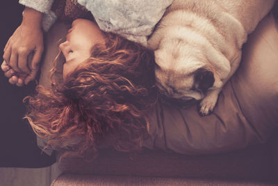 Directly above shot of woman sleeping by pug on sofa at home