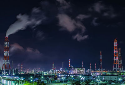 Panoramic view of factory against sky at night