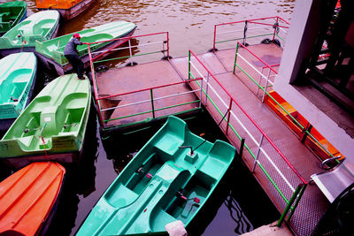 High angle view of boats moored in canal