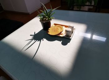 High angle view of breakfast served on table