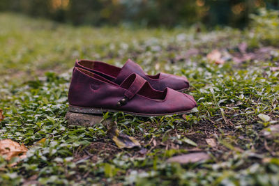 Close-up of shoes on field