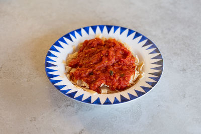 High angle view of food in plate on table