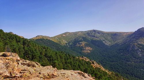 Scenic view of mountains against clear blue sky