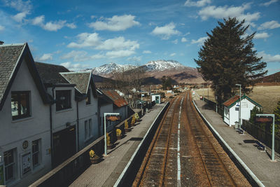 Railroad tracks amidst buildings against sky