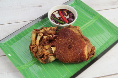 High angle view of food in plate on table