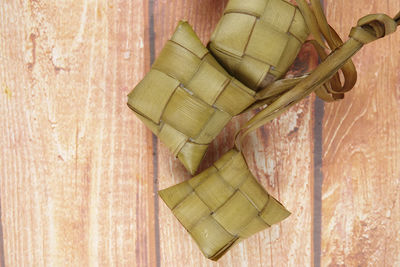 High angle view of stuffed food in leaves on table