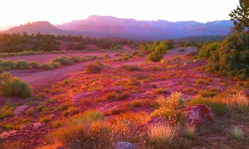 Scenic view of mountains against sky during sunset