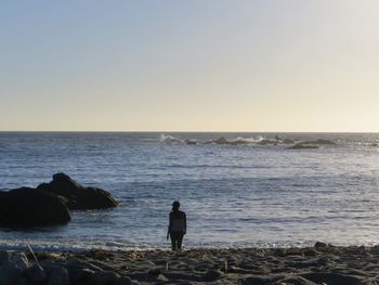 Rear view of young woman standing on shore at beach