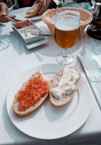 High angle view of breakfast served on table