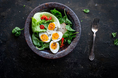 Directly above shot of breakfast served in plate