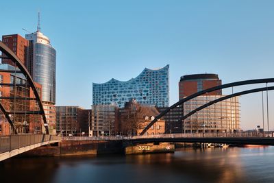 Bridge over river against buildings in city