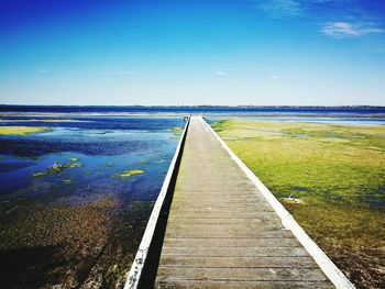 Scenic view of sea against clear blue sky