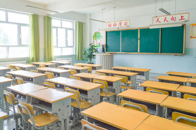 Empty chairs and tables in school