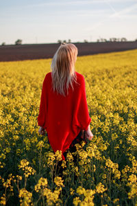 Rear view of woman with red flowers in field
