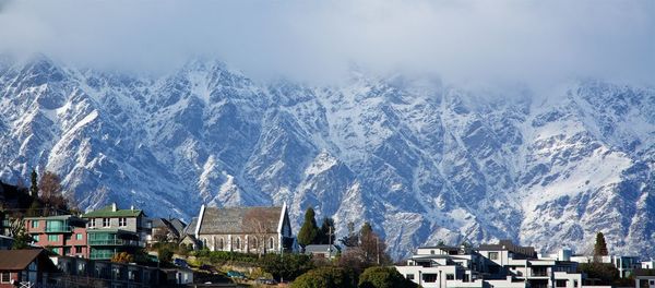 High angle view of houses in town during winter