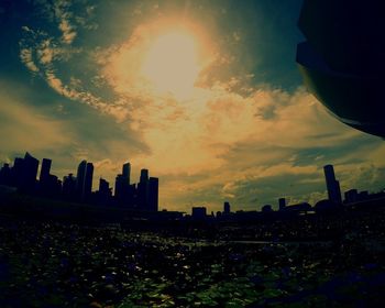 Silhouette of buildings at sunset