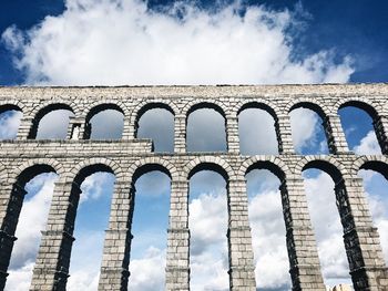 Low angle view of segovia viaduct against cloudy sky