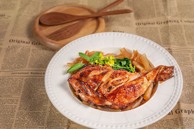 High angle view of food served on table